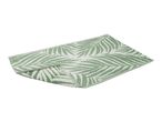 Green and white outdoor rug with a palm leaf pattern, folded once.