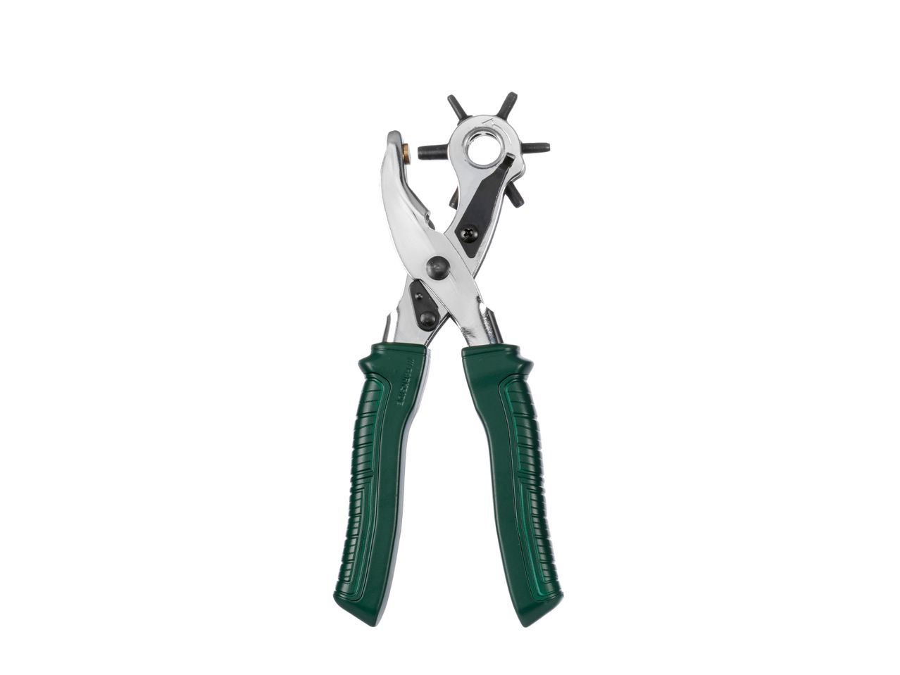 A leather hole punch with green handles on a white background.
