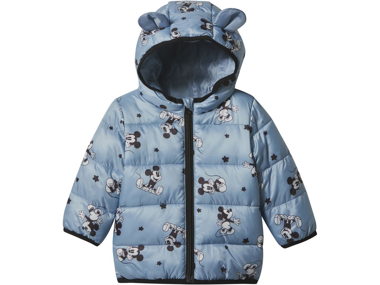 Light blue puffer jacket with Mickey Mouse print and ear details on the hood