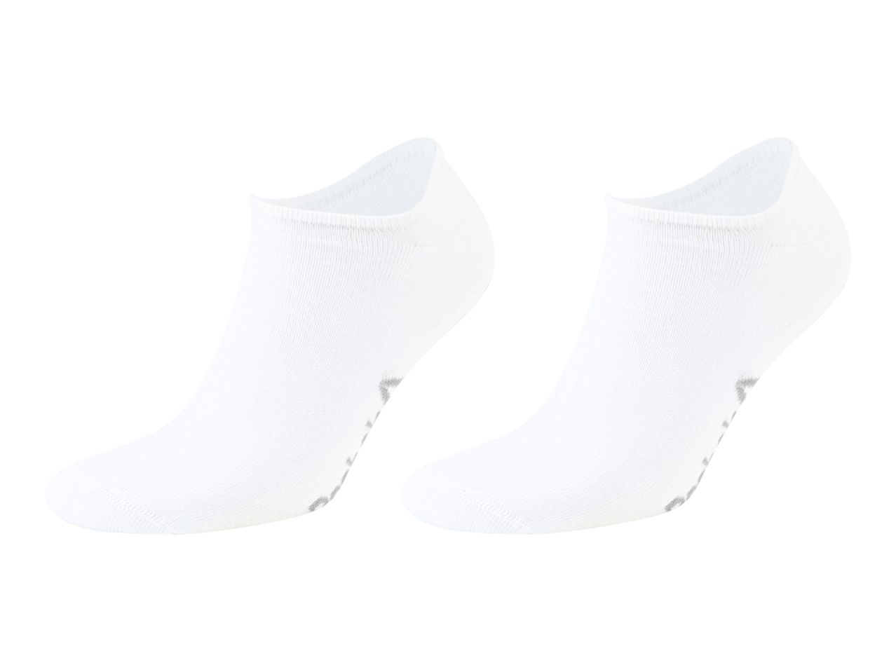 Two white no-show socks with subtle grey detailing on the heel, isolated on a white background.