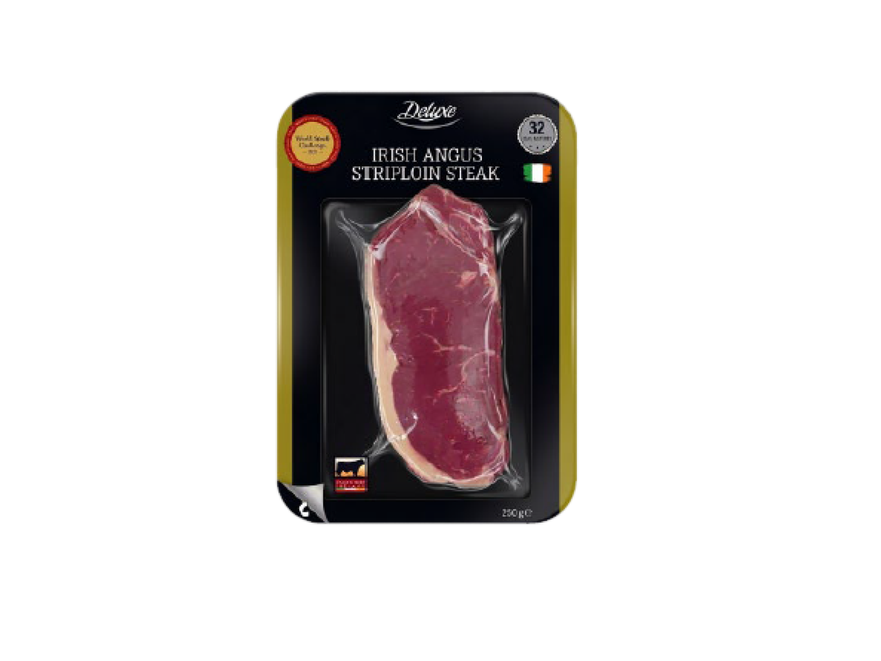 Bife de lombo de Angus irlandês embalado a vácuo, com selos de qualidade e bandeira irlandesa.