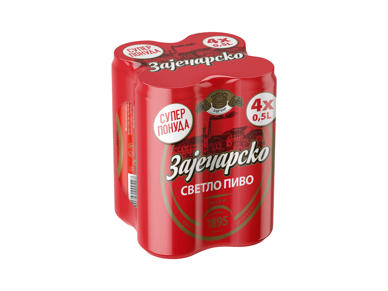 Pakovanje od 4 crvene limenke svetlog piva, svaka 0,5L, sa natpisom „SUPER PONUDA“.