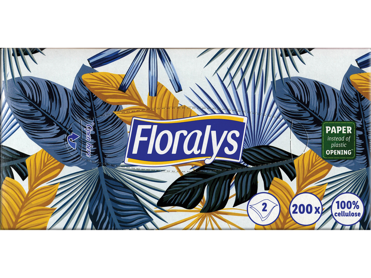 Кутия козметични кърпички Floralys с тропически листа, 200 броя, 100% целулоза.