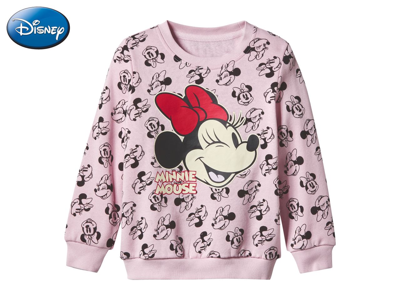 Pink Minnie Mouse sweatshirt with an all-over print of Minnie Mouse faces.