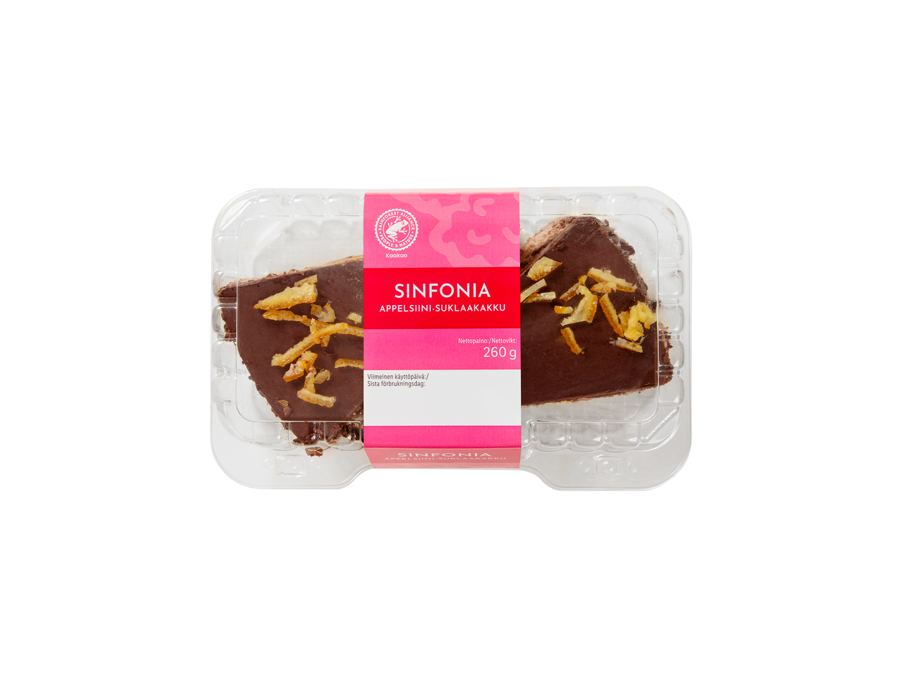 Suklaakakku appelsiinikuorrutteella läpinäkyvässä pakkauksessa, jossa on vaaleanpunainen etiketti.