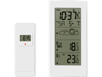 Stație meteo wireless care afișează temperatura și umiditatea interioară și exterioară.