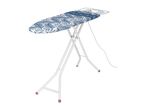 Ironing board with a blue and white leaf pattern, white frame, and purple feet