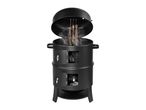 Black smoker with fish hanging inside, smoke coming out of the doors.