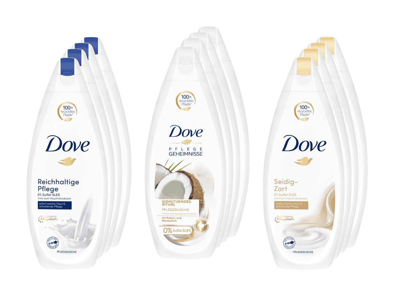 Drei Sets Dove Duschgel, jedes mit verschiedenen Düften und Vorteilen.