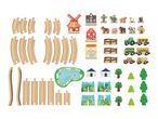 A wooden toy train set with tracks, farm animals, vehicles, buildings, and trees.