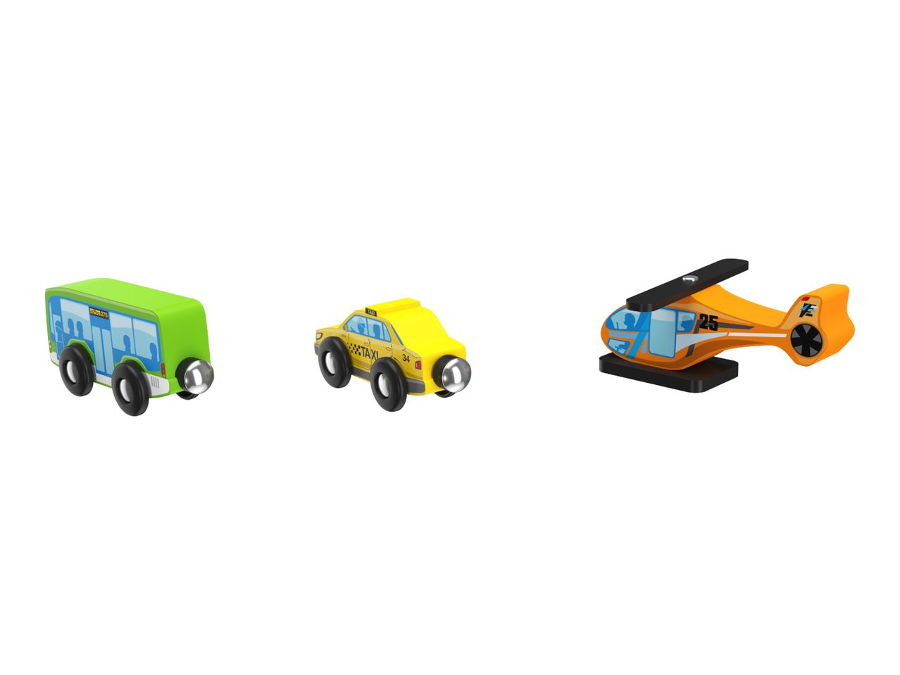Wooden toy bus, taxi, and helicopter with magnetic connectors.