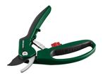 Green and black garden pruning shears with a red safety lock