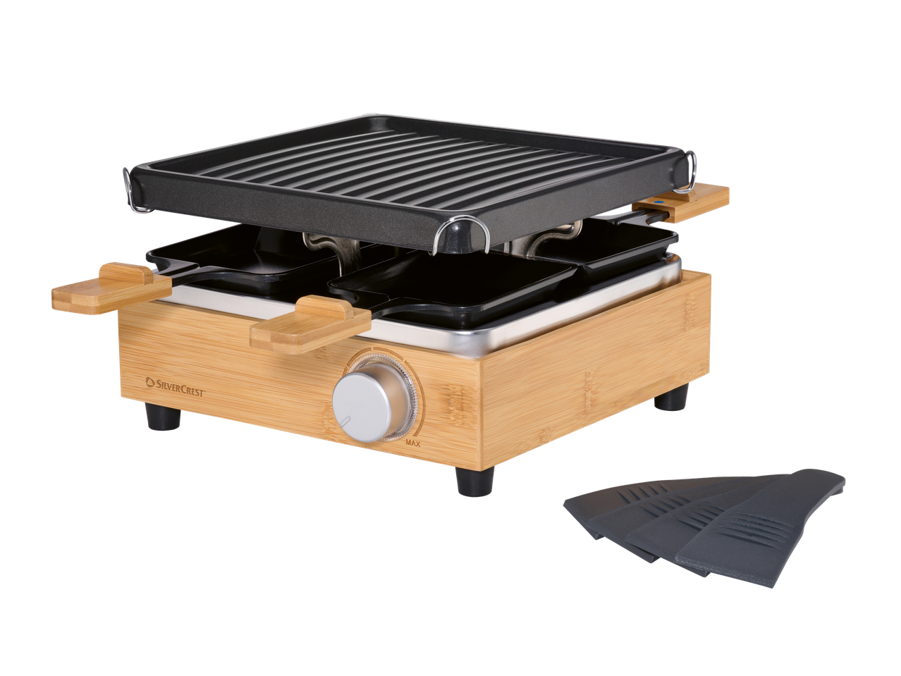 SILVERCREST® Bambusa raklešu pannu grils: bambusest korpusega raclette-grill koos spaatlitega.