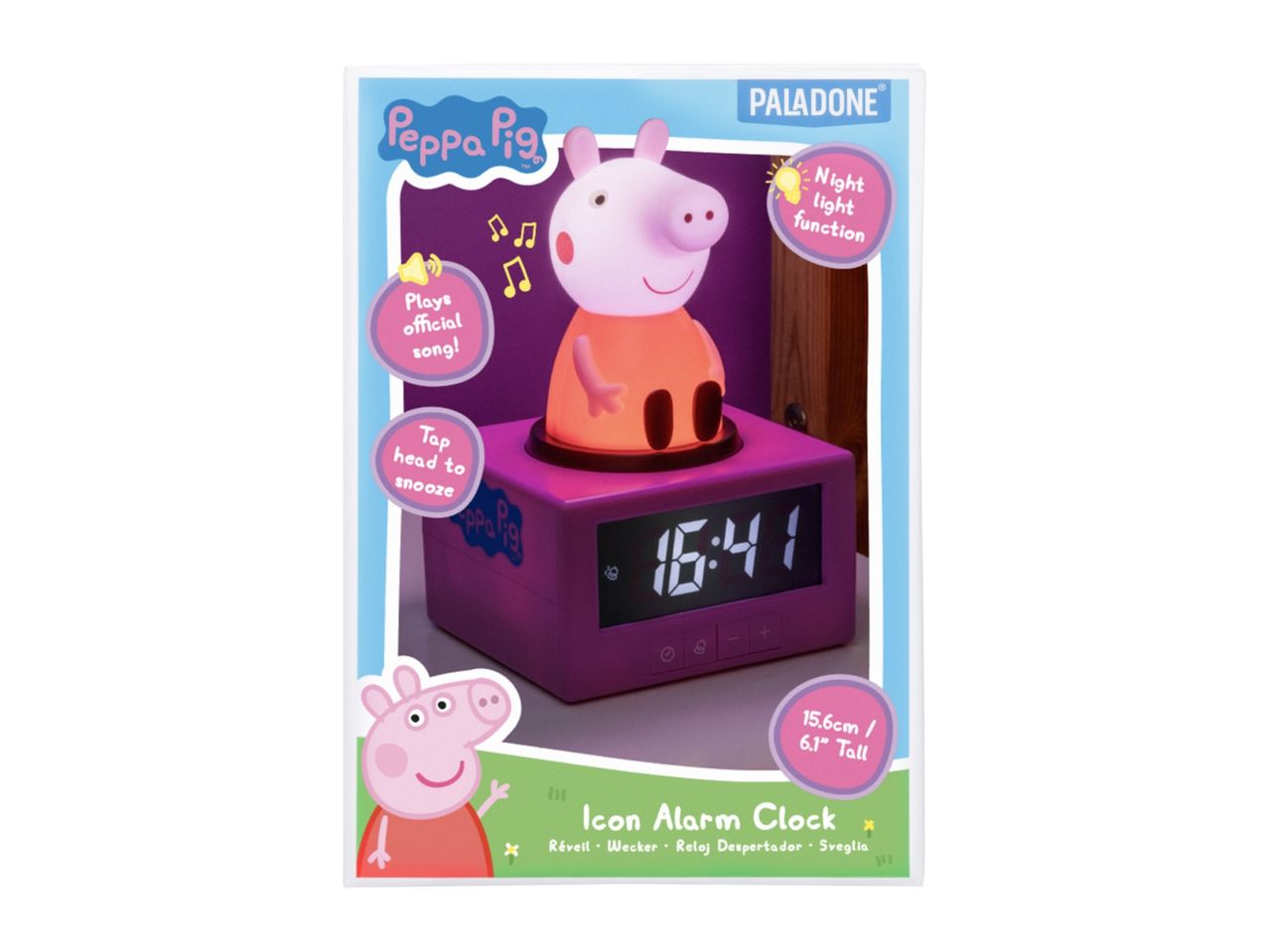 Peppa Pig alarm clock with night light function, plays official song, and snooze by tapping head.