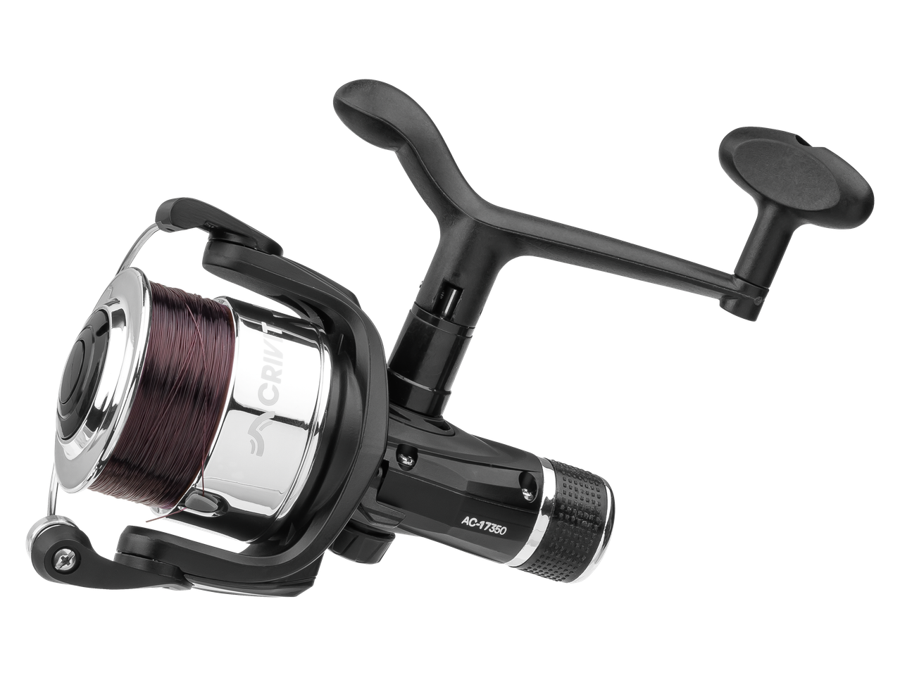 Μηχανισμός ψαρέματος CRIVIT με καφέ πετονιά, σε μαύρο φόντο