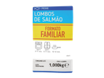 Embalagem de lombos de salmão com instruções de preparo e informações de peso