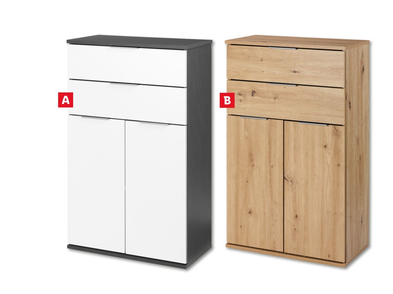 Divi moderni kumodes: balts ar pelēkiem elementiem (A) un gaišs koka (B).