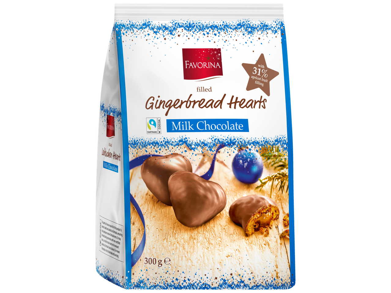 Favorina pieninio šokolado maišelis, imbieriniai širdelės, užpildytos 31% abrikosų vaisių.