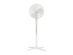 White pedestal fan with a round head and a cross-shaped base