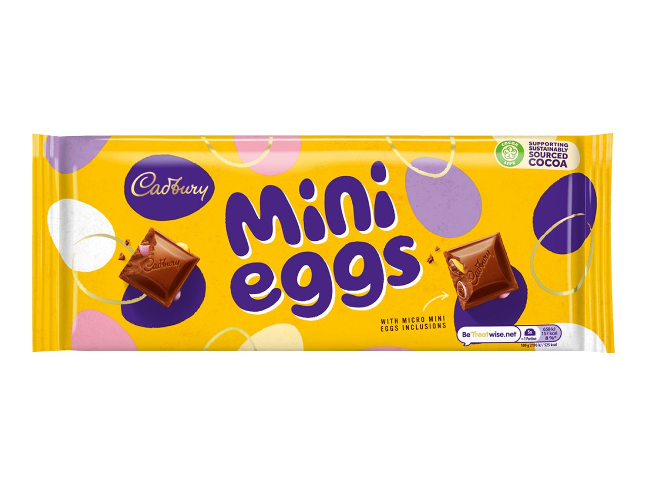 Yellow chocolate bar with purple, pink, and white egg shapes, featuring chocolate pieces and text about mini eggs.