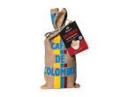 Cafea boabe Bellarom Columbia într-un sac de iută cu etichetă ce indică tăria și certificarea.
