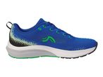 A blue athletic shoe with green accents and a white and grey sole.