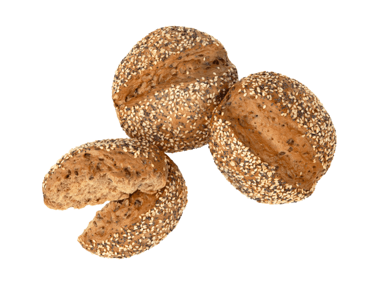 Drei Brötchen mit Sesam und Mohn, eines davon halbiert.