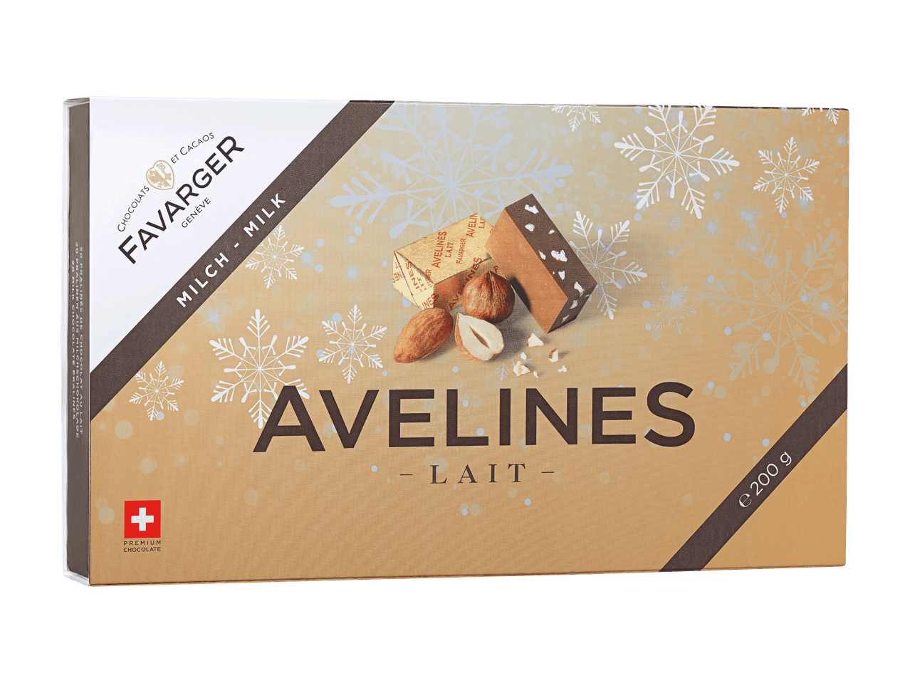 Boîte de chocolats Favarger Avelines au lait avec flocons de neige.