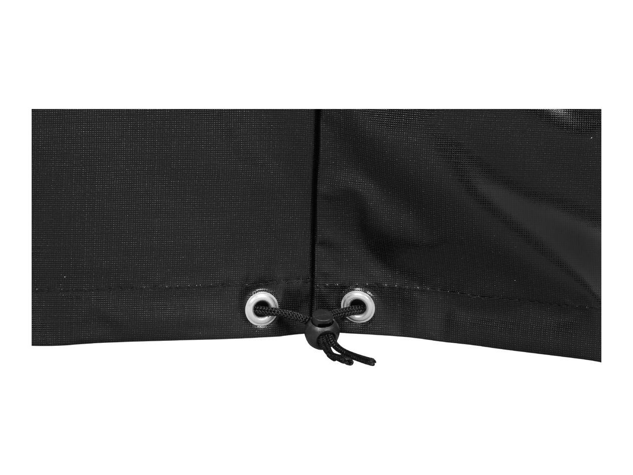 Close-up of a black protective cover with a drawstring and cord lock.