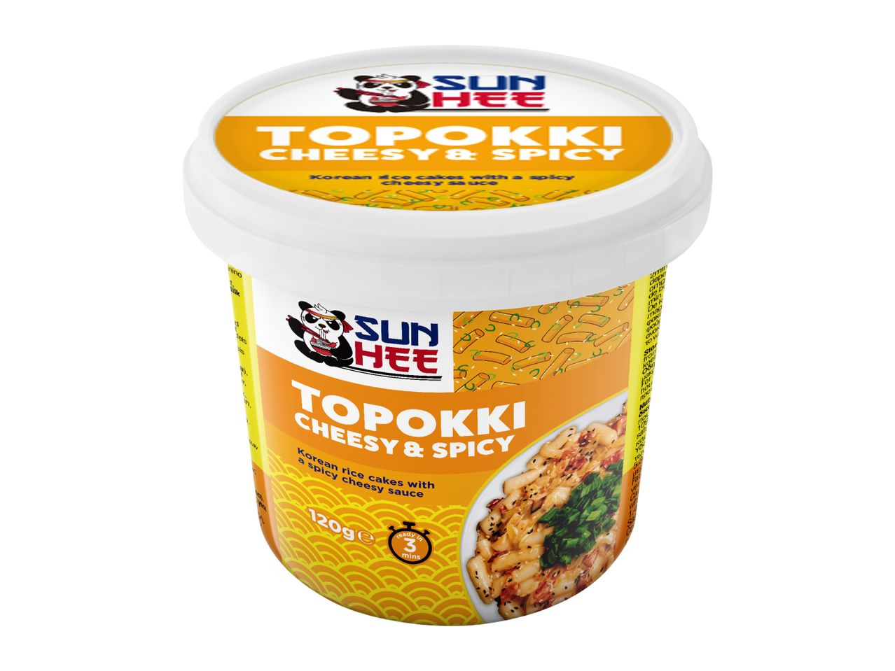 A cup of cheesy and spicy Korean rice cakes, ready in 3 minutes, 120g.