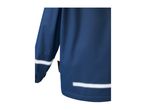 Close-up of a navy blue rain jacket with reflective stripes on the sleeve and hem.