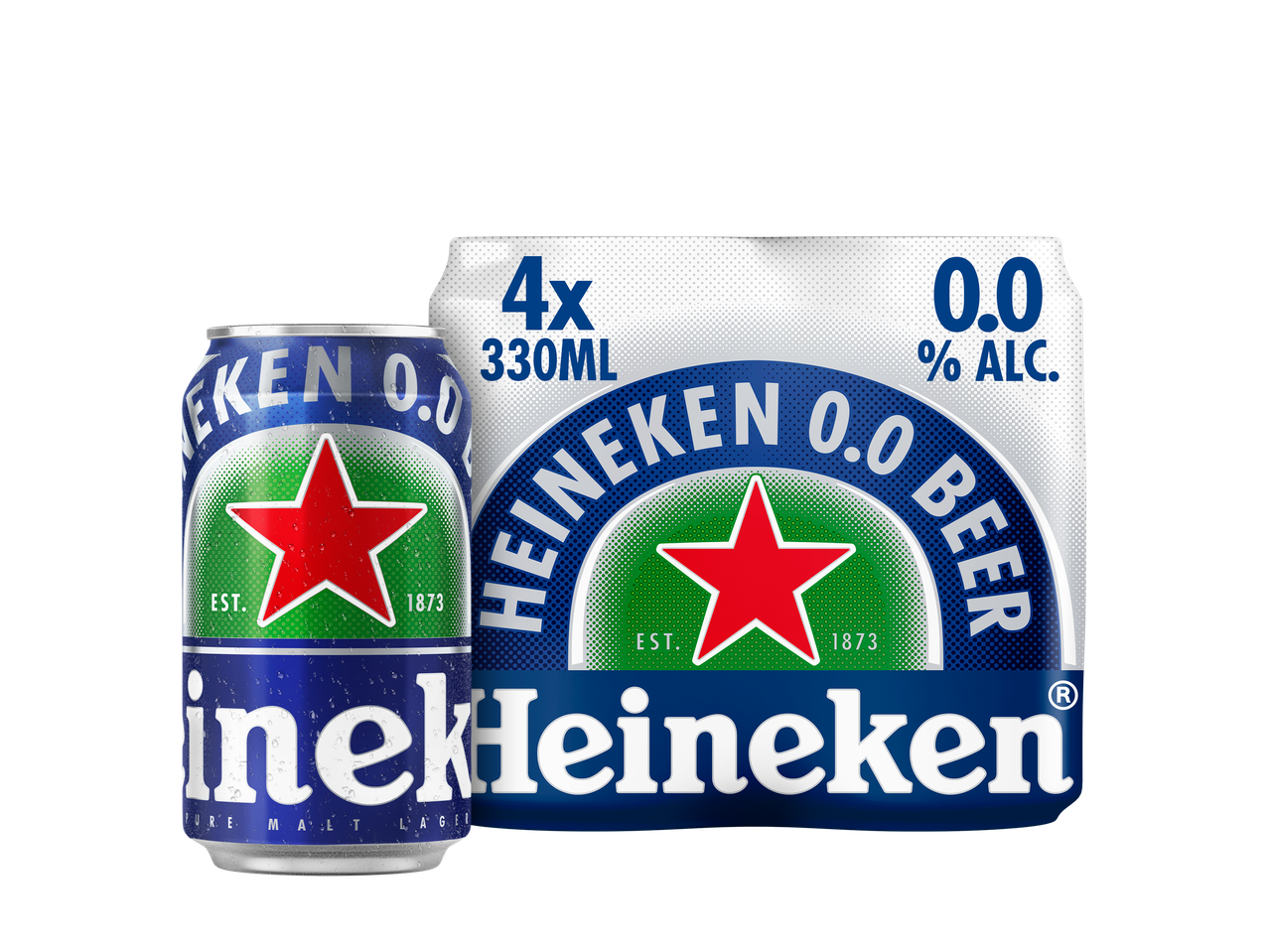 Heineken 0.0% 4-pack, alcoholvrije bierblikjes met blauwe en groene branding.