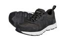 A pair of black and white Parkside safety shoes with a textured sole.