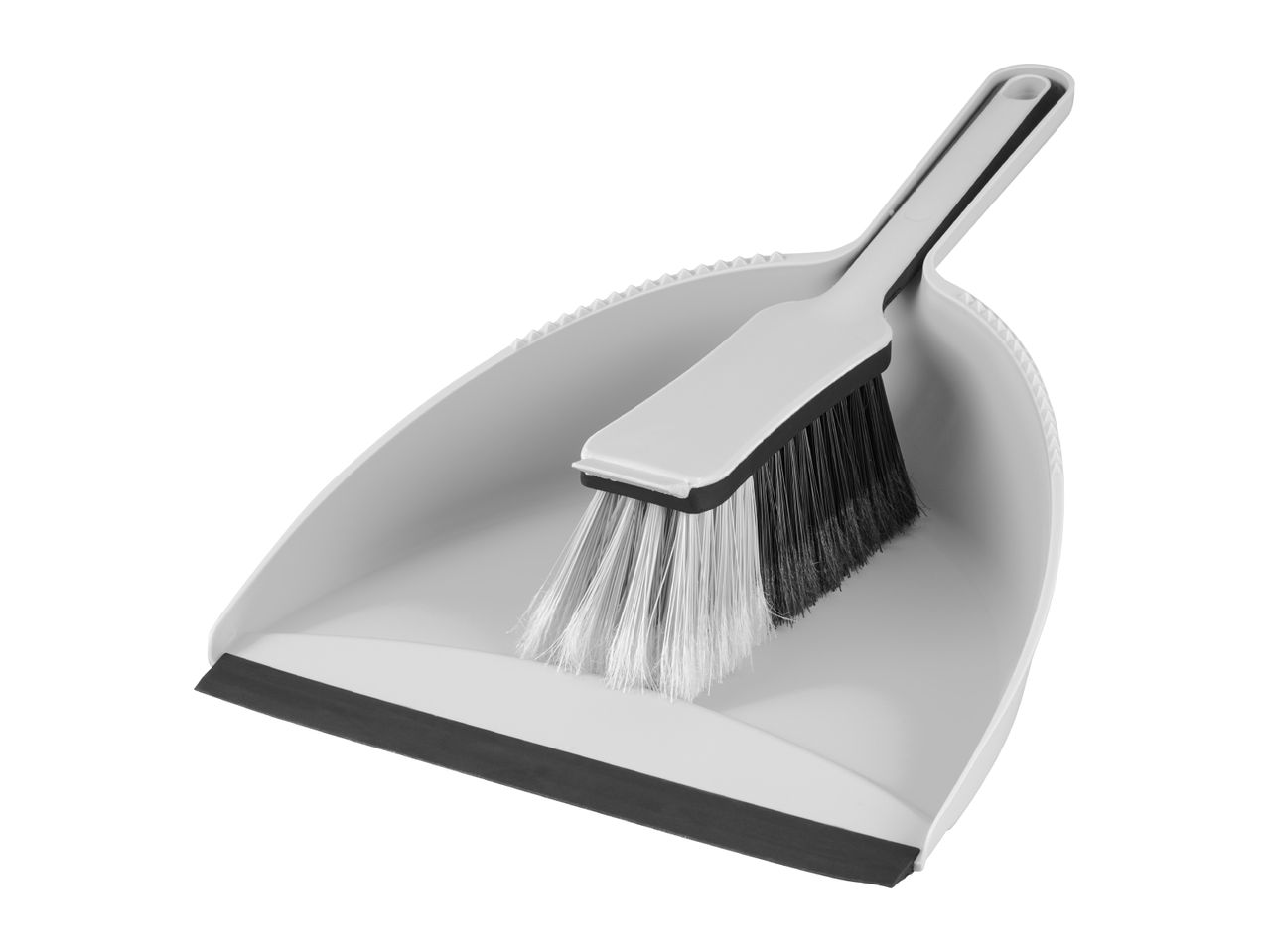 Grey dustpan and brush set with black and white bristles
