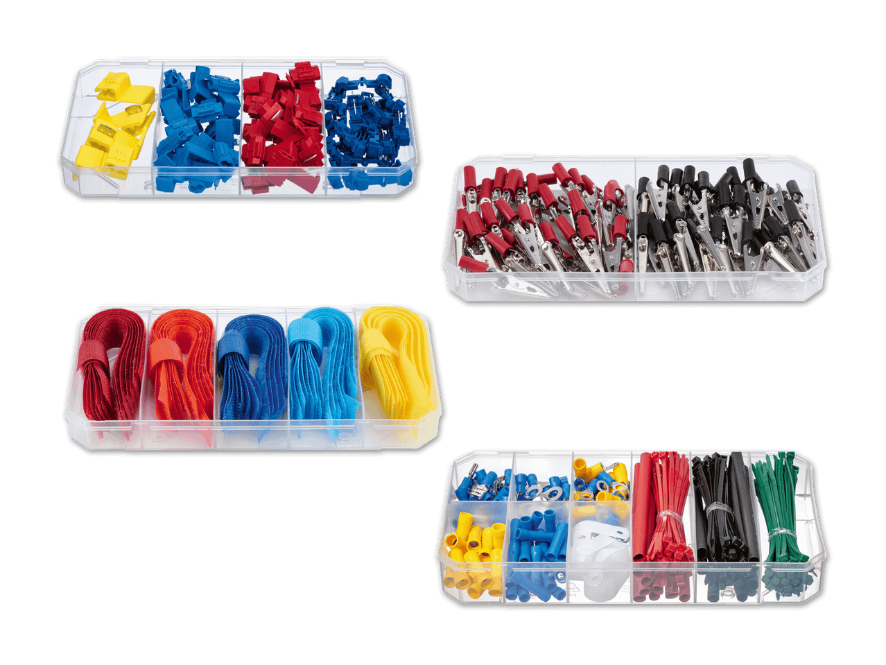 Vier Sortimentskästen mit verschiedenen Elektronik- und Kabelzubehörteilen, darunter Klemmen, Kabelbinder und Krokodilklemmen.