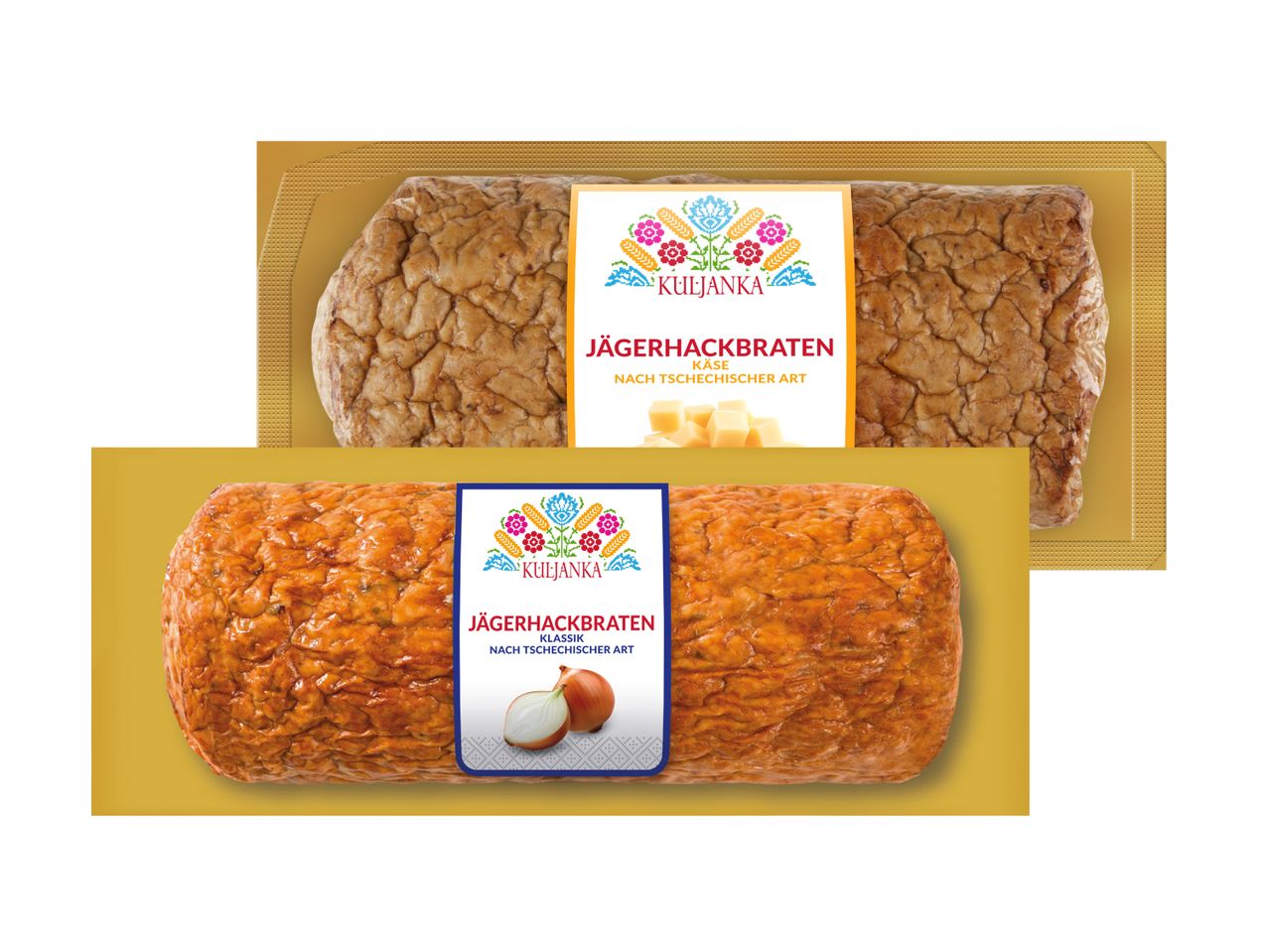 Zwei Kuljanka Jägerhackbraten, einer mit Käse, einer klassisch, in goldenen Verpackungen.