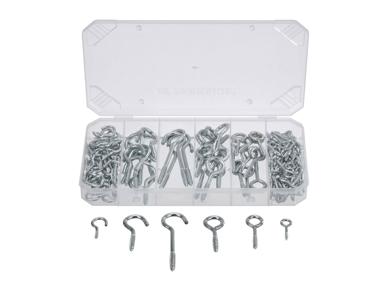 Assortment of metal hooks and screw eyes in a plastic storage case.