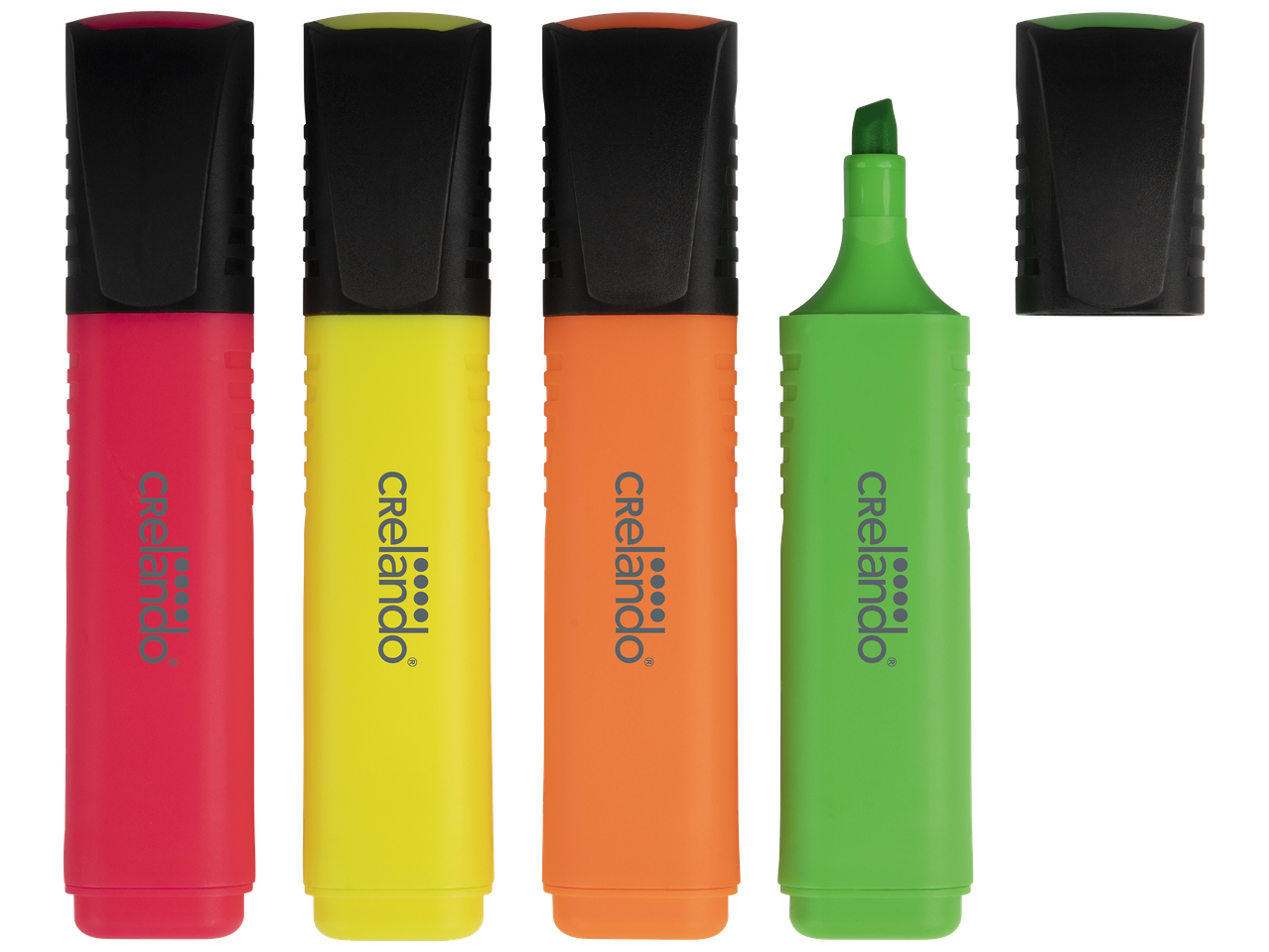 Quatre surligneurs de couleurs vives : rouge, jaune, orange et vert, avec un capuchon noir.