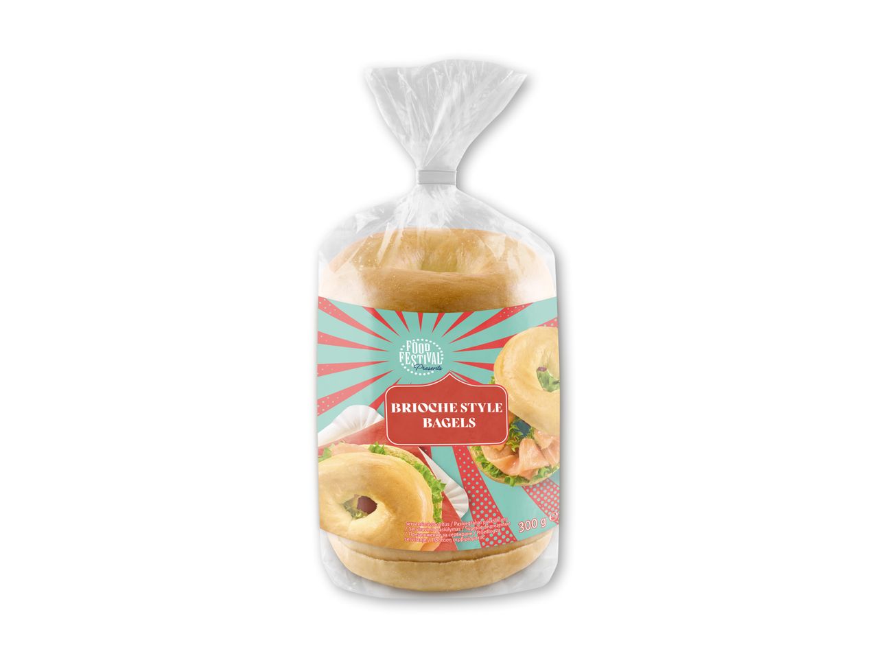 Brioche-style bagels i emballage med retro-inspireret etiket og billeder af fyldte bagels.