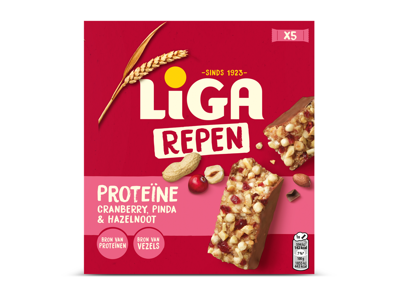 Verpakking van 5 proteïnerepen met cranberry, pinda en hazelnoot, bron van proteïnen en vezels.