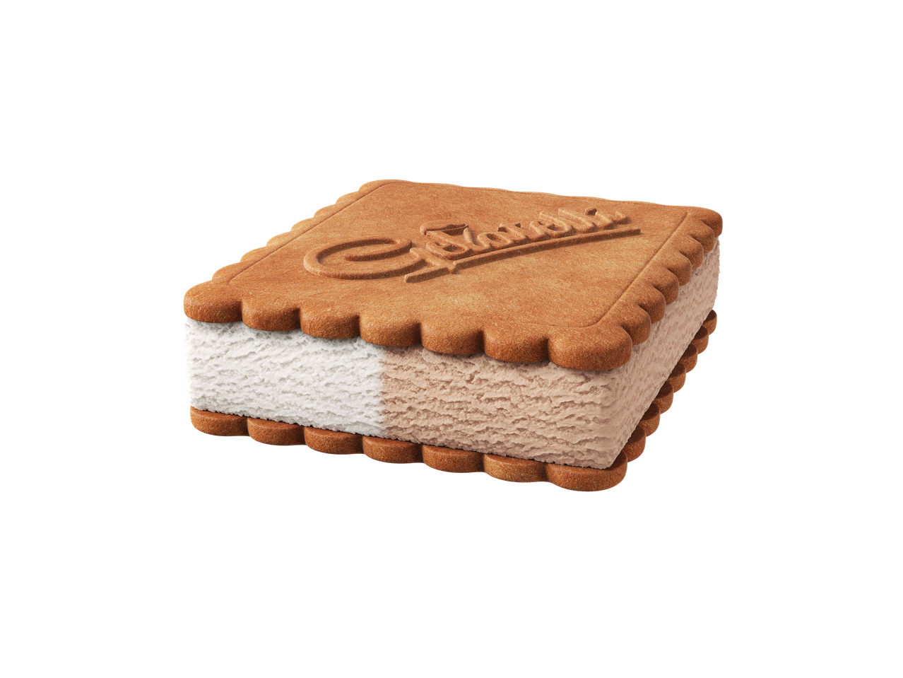 Sanduíche de gelado Pilos com biscoitos quadrados e recheio de baunilha e chocolate.
