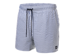 Men's blue and white striped swim shorts with a black drawstring.