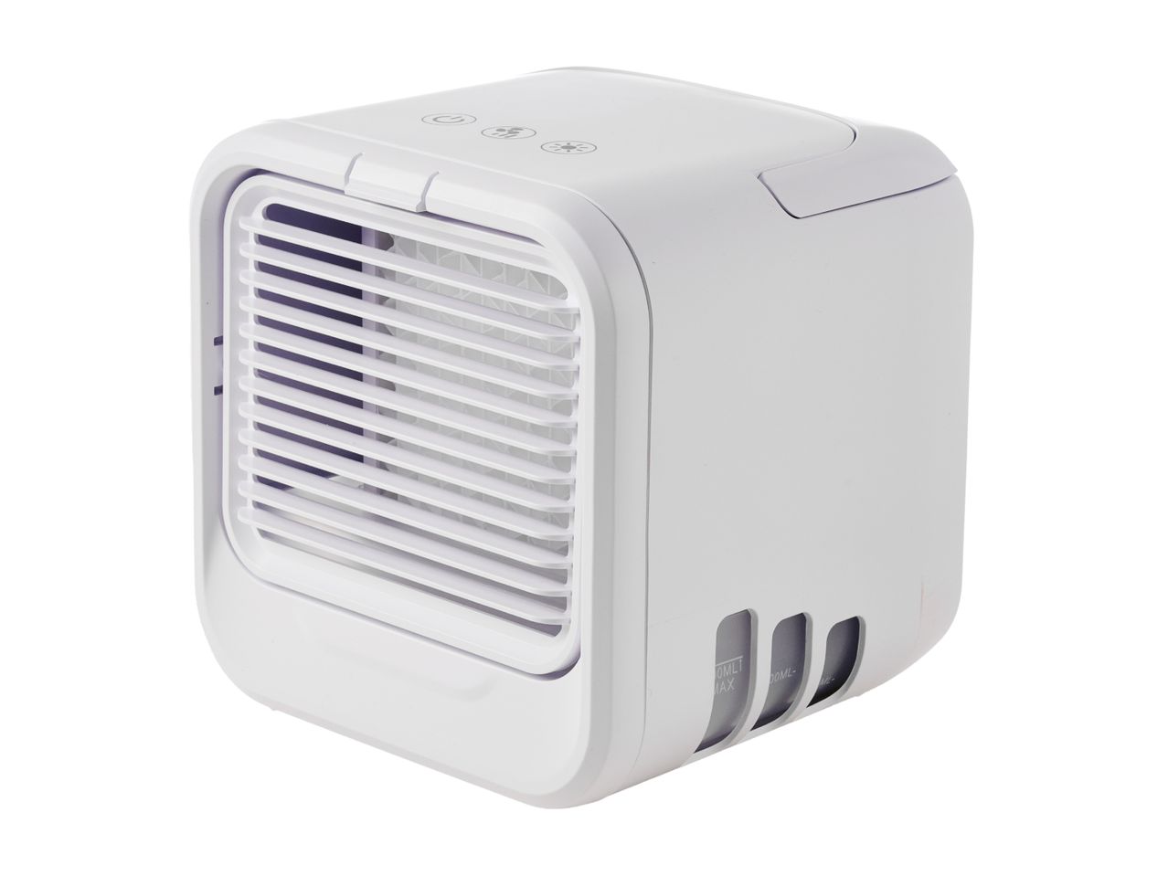 White portable air cooler with control buttons on top and water level indicators on the side