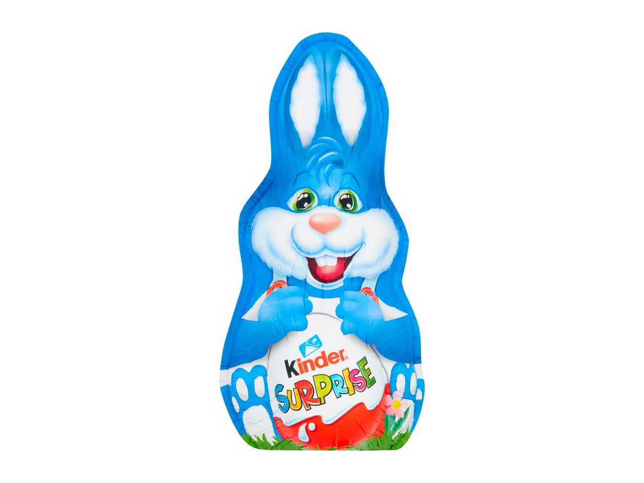 Blue foil-wrapped chocolate bunny holding a Kinder Surprise egg, with green grass at the bottom.