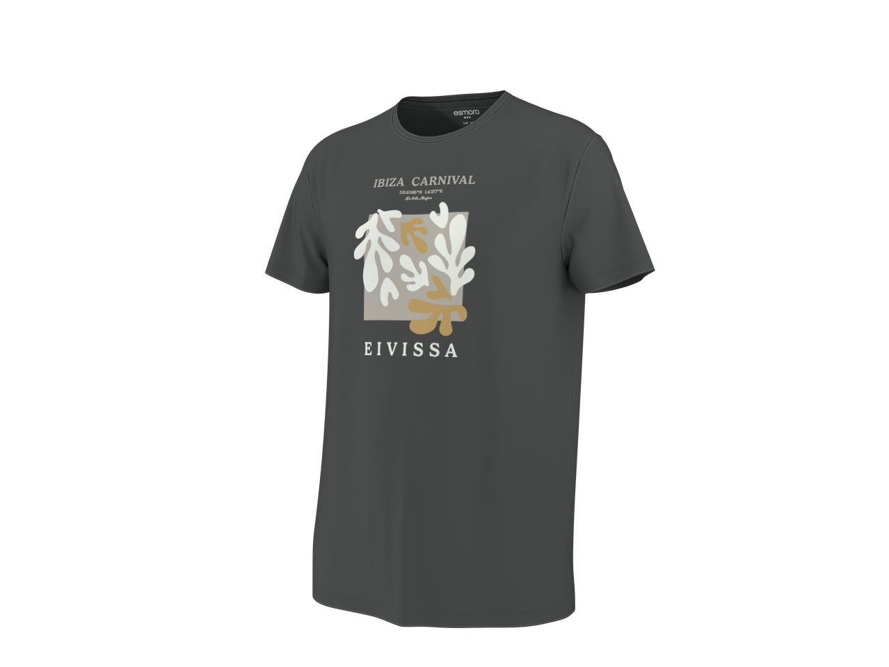 T-shirt gris foncé avec un motif abstrait de feuilles et le texte 'IBIZA CARNIVAL EIVISSA'.