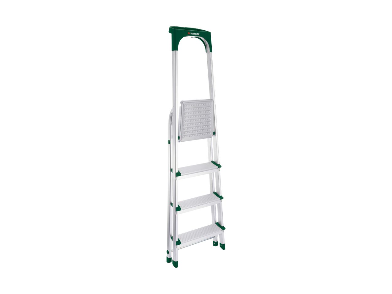 A silver and green Parkside step ladder with three steps and a top platform.