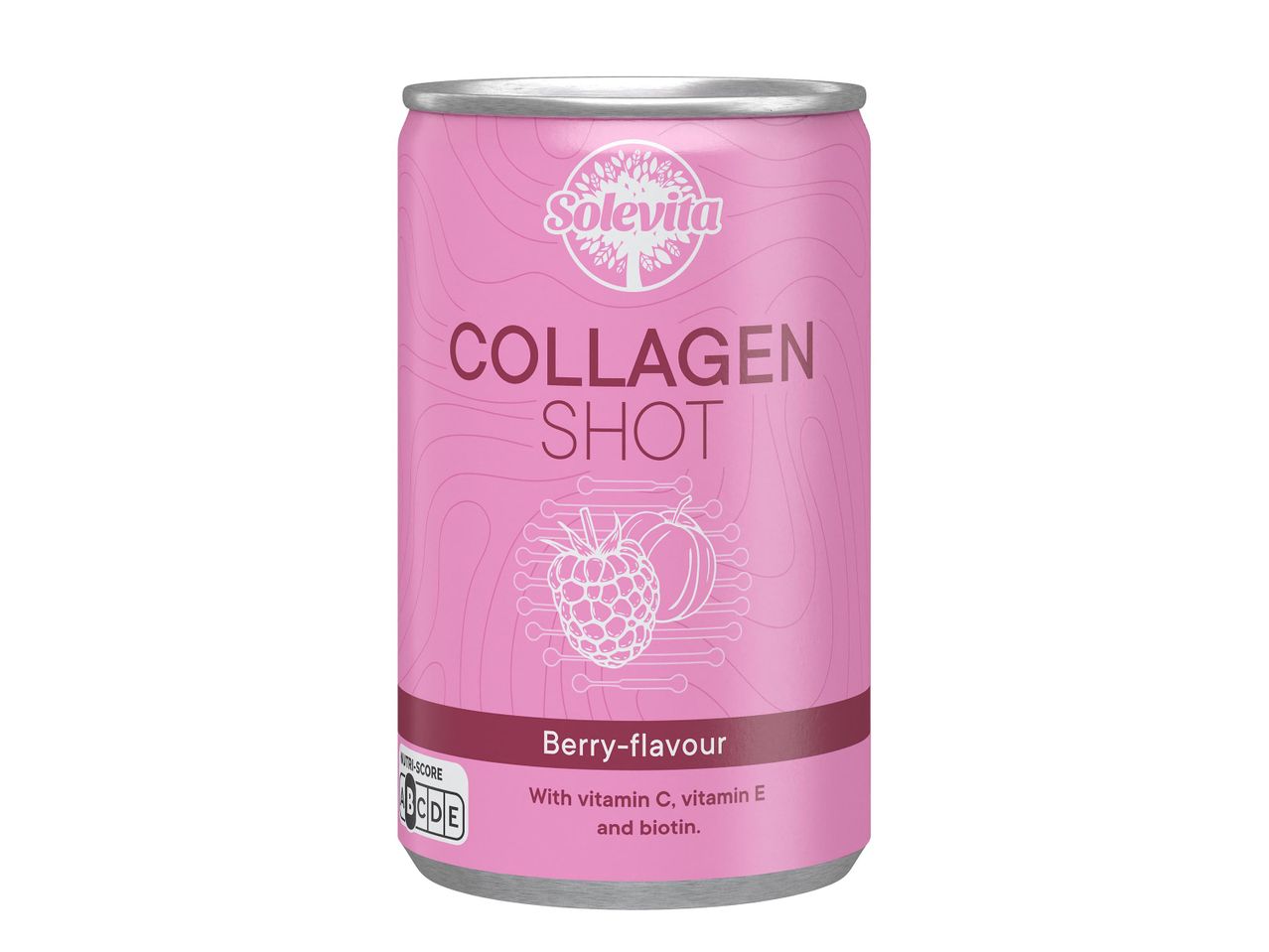 Solevita kollagén shot, bogyós gyümölcs ízű ital, C-vitaminnal, E-vitaminnal és biotinnal.