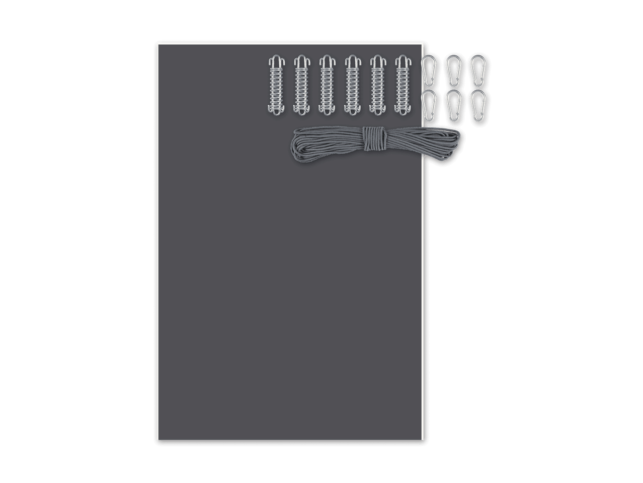 Graue Abdeckplane mit Spannfedern, Seil und Karabinerhaken
