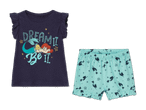 Baby-Pyjama mit Meerjungfrau-Motiv: dunkelblaues Shirt und hellblaue Shorts.