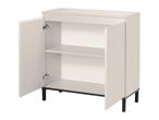 Light beige cabinet with two open doors and an interior shelf, on black legs.